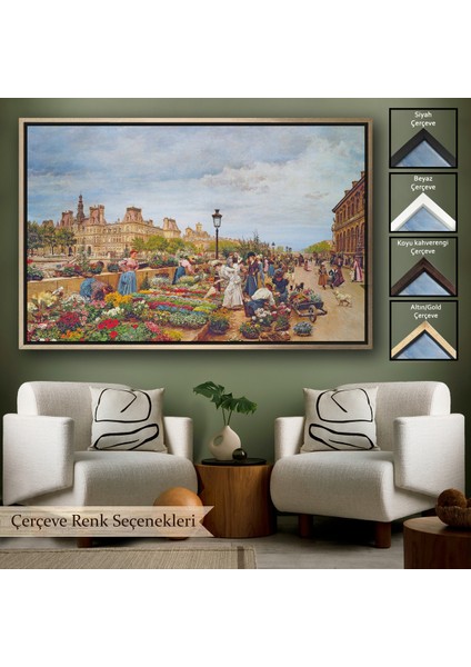 Çerçeveli Pariste Ortaçağ Çiçek Pazarı TABLOSU-6624