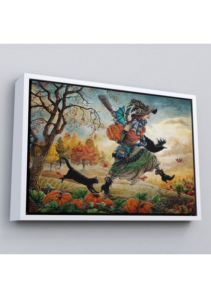 Çerçeveli Cadı ve Kedisi Cadılar Bayramı Helloven Duvar Tablosu -6648