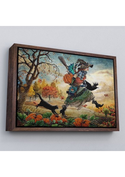 Çerçeveli Cadı ve Kedisi Cadılar Bayramı Helloven Duvar Tablosu -6648 fiyatları
