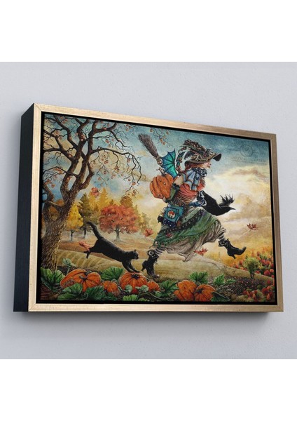 Çerçeveli Cadı ve Kedisi Cadılar Bayramı Helloven Duvar Tablosu -6648 modelleri
