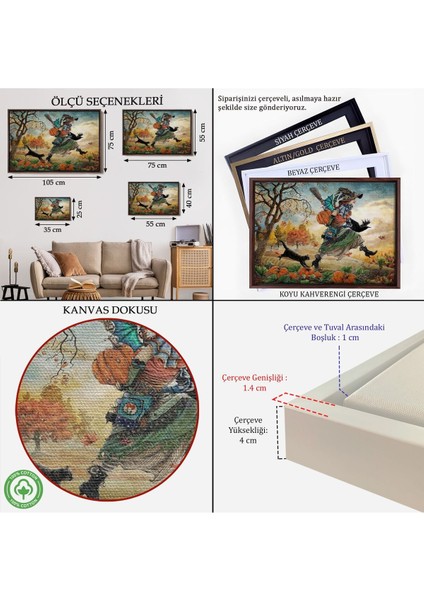 Çerçeveli Cadı ve Kedisi Cadılar Bayramı Helloven Duvar Tablosu -6648 indirimleri