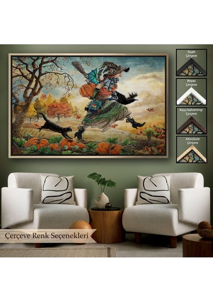 Çerçeveli Cadı ve Kedisi Cadılar Bayramı Helloven Duvar Tablosu -6648