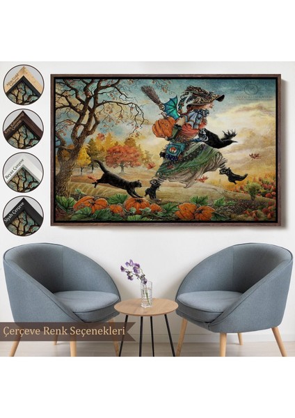 Çerçeveli Cadı ve Kedisi Cadılar Bayramı Helloven Duvar Tablosu -6648