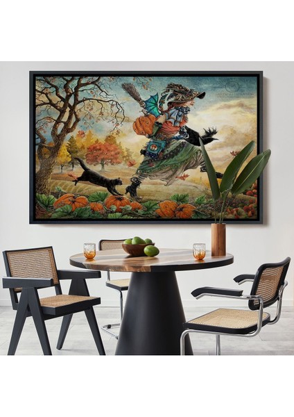 Çerçeveli Cadı ve Kedisi Cadılar Bayramı Helloven Duvar Tablosu -6648