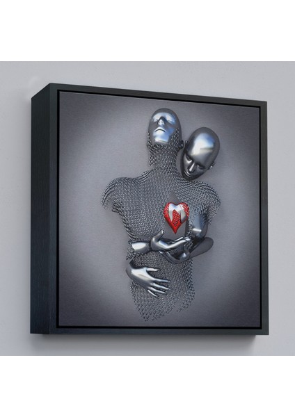 Çerçeveli Aşk Sanatı, 3D Efekti Gümüş Insan, Gri ve Gümüş Metalik Efektli Kanvas TABLO-5353