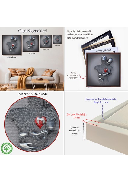 Çerçeveli Aşk Sanatı, 3D Efekti Gümüş Insan, Gri ve Gümüş Metalik Efektli Kanvas TABLO-5353 indirimleri