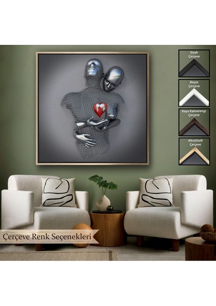 Çerçeveli Aşk Sanatı, 3D Efekti Gümüş Insan, Gri ve Gümüş Metalik Efektli Kanvas TABLO-5353