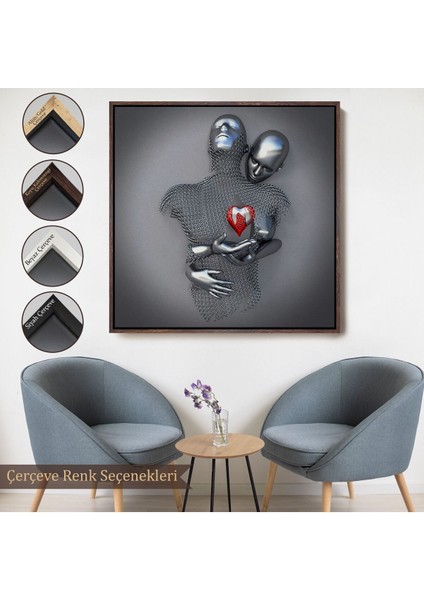 Çerçeveli Aşk Sanatı, 3D Efekti Gümüş Insan, Gri ve Gümüş Metalik Efektli Kanvas TABLO-5353