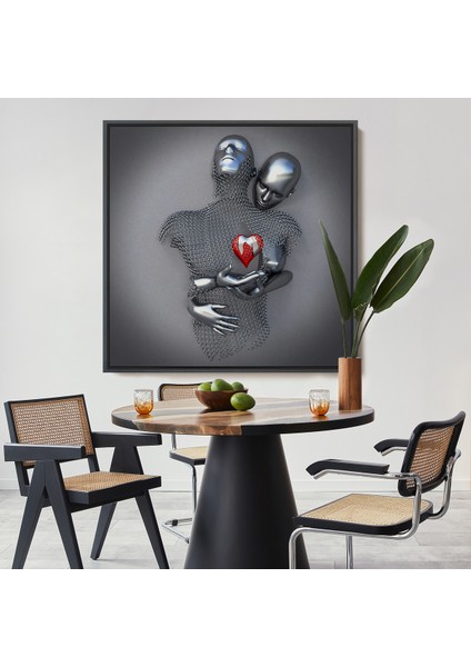 Çerçeveli Aşk Sanatı, 3D Efekti Gümüş Insan, Gri ve Gümüş Metalik Efektli Kanvas TABLO-5353