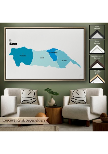 Çerçeveli Iğdır Ili ve Ilçeler Haritası Dekoratif Kanvas TABLO-1359