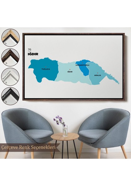 Çerçeveli Iğdır Ili ve Ilçeler Haritası Dekoratif Kanvas TABLO-1359