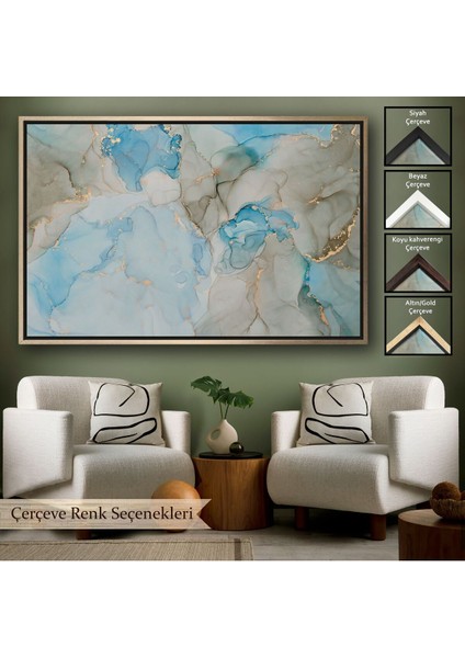 Çerçeveli Mürekkep ve Alkol Elementleri Ile Mermer Deseni Verilmiş Kanvas TABLO-5049