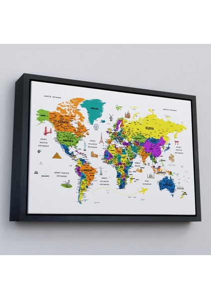 Çerçeveli Türkçe Dünya Haritası Son Derece Ayrıntılı Eğitici ve Sembollü Kanvas TABLO-3178