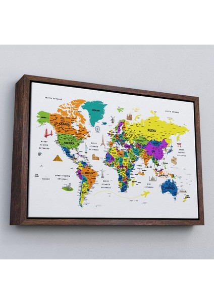 Çerçeveli Türkçe Dünya Haritası Son Derece Ayrıntılı Eğitici ve Sembollü Kanvas TABLO-3178 fiyatları