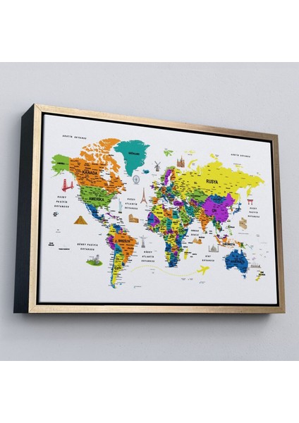 Çerçeveli Türkçe Dünya Haritası Son Derece Ayrıntılı Eğitici ve Sembollü Kanvas TABLO-3178 modelleri