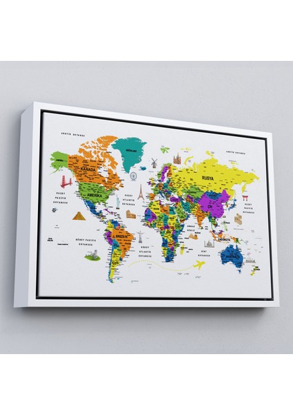 Çerçeveli Türkçe Dünya Haritası Son Derece Ayrıntılı Eğitici ve Sembollü Kanvas TABLO-3178 fırsatları