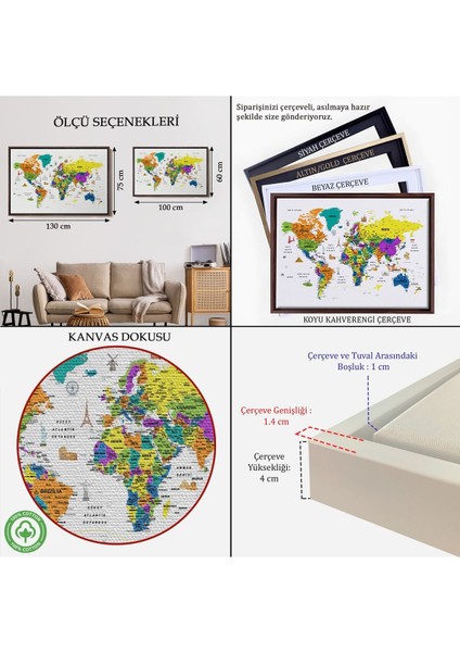 Çerçeveli Türkçe Dünya Haritası Son Derece Ayrıntılı Eğitici ve Sembollü Kanvas TABLO-3178 indirimleri