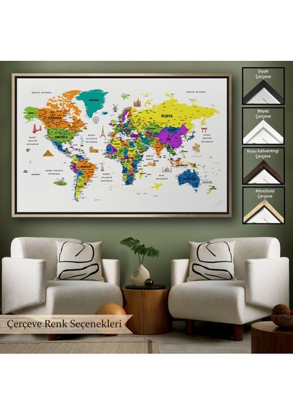 Çerçeveli Türkçe Dünya Haritası Son Derece Ayrıntılı Eğitici ve Sembollü Kanvas TABLO-3178