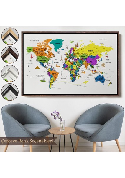 Çerçeveli Türkçe Dünya Haritası Son Derece Ayrıntılı Eğitici ve Sembollü Kanvas TABLO-3178