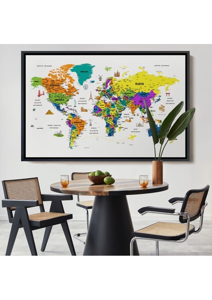 Çerçeveli Türkçe Dünya Haritası Son Derece Ayrıntılı Eğitici ve Sembollü Kanvas TABLO-3178