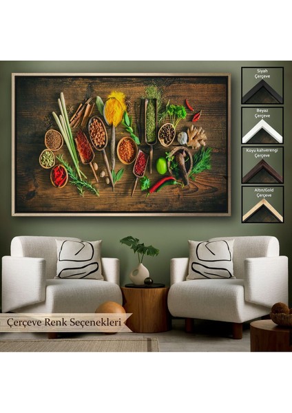 Çerçeveli Mutfak Kesme Tahtası Üzerinde Baharatlar Kanvas TABLO-3586