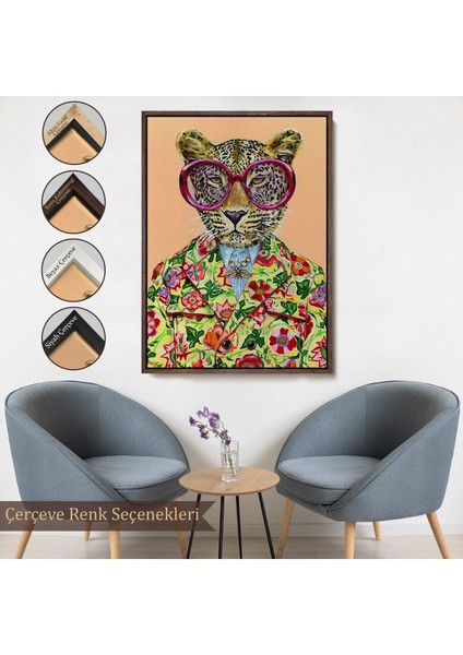 Çerçeveli Kokoş Leopar, Çiçek Taçlı Sosyetik Leopar Tablosu -6325