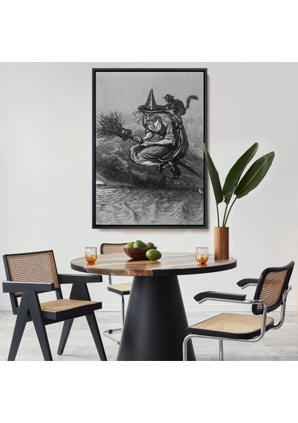 Çerçeveli Süpürge Ile Uçan Yaşlı Cadı ve Kedisi, Cadılar Bayramı Hediyesi, Hellowen Tablo -6304