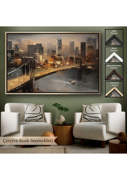 Çerçeveli New York Nehir ve Köprü Manzarası Duvar TABLOSU-3733