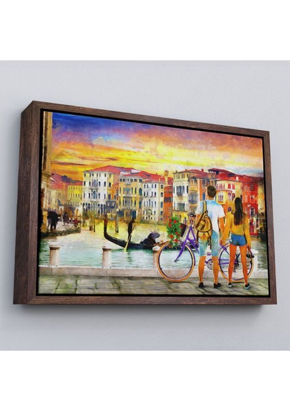 Çerçeveli Venedik Kanalına Bakan Romantik Çift Yağlıboya Görünüm Kanvas TABLOSU-3625