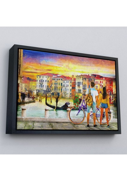 Çerçeveli Venedik Kanalına Bakan Romantik Çift Yağlıboya Görünüm Kanvas TABLOSU-3625 modelleri