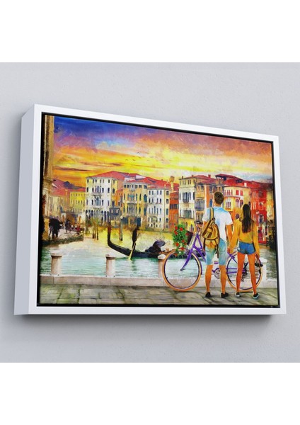 Çerçeveli Venedik Kanalına Bakan Romantik Çift Yağlıboya Görünüm Kanvas TABLOSU-3625 fırsatları