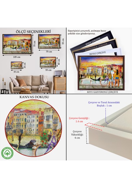 Çerçeveli Venedik Kanalına Bakan Romantik Çift Yağlıboya Görünüm Kanvas TABLOSU-3625 indirimleri