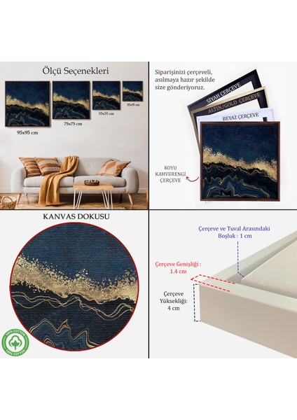 Çerçeveli Lacivert ve Gold'un Mükemmel Uyumu Mermer Görünümlü Modern Kanvas TABLO-5065 indirimleri