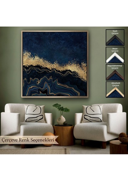 Çerçeveli Lacivert ve Gold'un Mükemmel Uyumu Mermer Görünümlü Modern Kanvas TABLO-5065