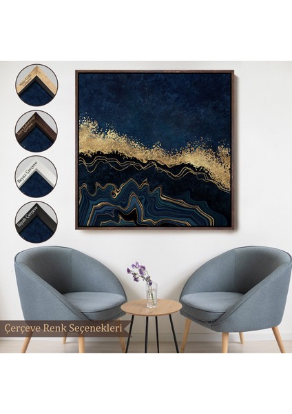 Çerçeveli Lacivert ve Gold'un Mükemmel Uyumu Mermer Görünümlü Modern Kanvas TABLO-5065