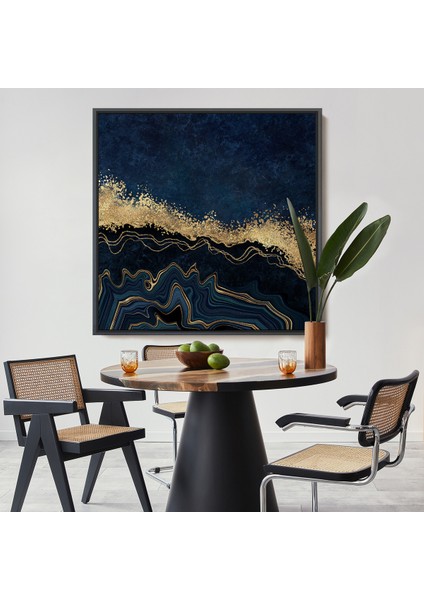 Çerçeveli Lacivert ve Gold'un Mükemmel Uyumu Mermer Görünümlü Modern Kanvas TABLO-5065