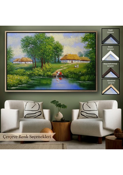 Çerçeveli Akarsudan Su Dolduran Kadın Yağlıboya Görünüm Dekoratif Kanvas Duvar TABLOSU-3551