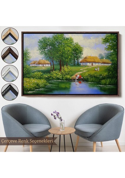 Çerçeveli Akarsudan Su Dolduran Kadın Yağlıboya Görünüm Dekoratif Kanvas Duvar TABLOSU-3551