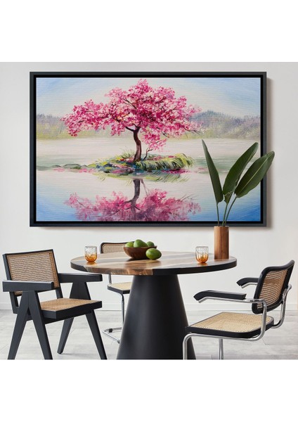 Çerçeveli Gölde Sakura Ağacı Yağlıboya Görünüm Kanvas Duvar TABLOSU-3494