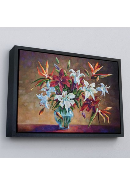 Çerçeveli Zambak Çiçekleri Yağlıboya Görünüm Dekoratif Kanvas Duvar TABLOSU-3602