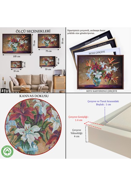 Çerçeveli Zambak Çiçekleri Yağlıboya Görünüm Dekoratif Kanvas Duvar TABLOSU-3602 indirimleri