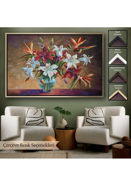 Çerçeveli Zambak Çiçekleri Yağlıboya Görünüm Dekoratif Kanvas Duvar TABLOSU-3602