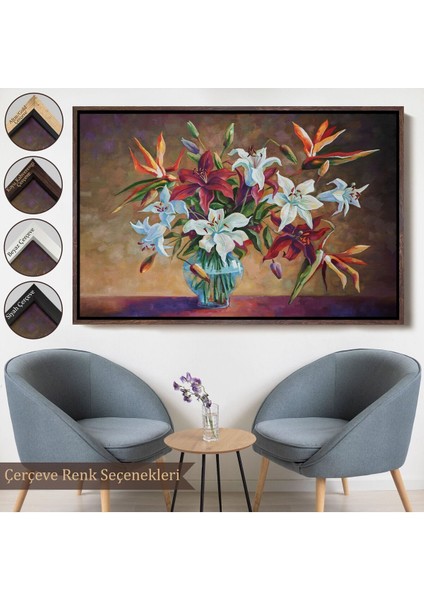 Çerçeveli Zambak Çiçekleri Yağlıboya Görünüm Dekoratif Kanvas Duvar TABLOSU-3602