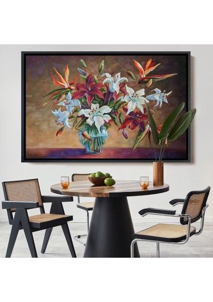 Çerçeveli Zambak Çiçekleri Yağlıboya Görünüm Dekoratif Kanvas Duvar TABLOSU-3602