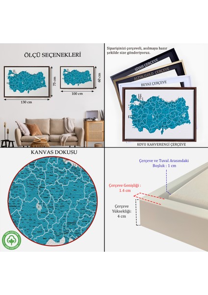 Çerçeveli Türkiye Haritası Kanvas Tablo Il ve Ilçeli Ayrıntılı Eğitici Dekoratif TABLO-3031 indirimleri