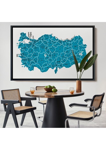 Çerçeveli Türkiye Haritası Kanvas Tablo Il ve Ilçeli Ayrıntılı Eğitici Dekoratif TABLO-3031