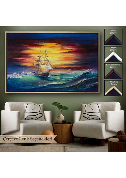 Çerçeveli Büyük Dalgalı Okyanusdaki Yelkenli Duvar TABLOSU-3491
