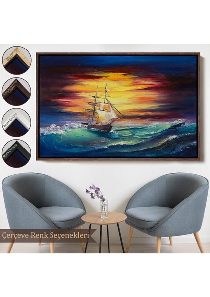 Çerçeveli Büyük Dalgalı Okyanusdaki Yelkenli Duvar TABLOSU-3491