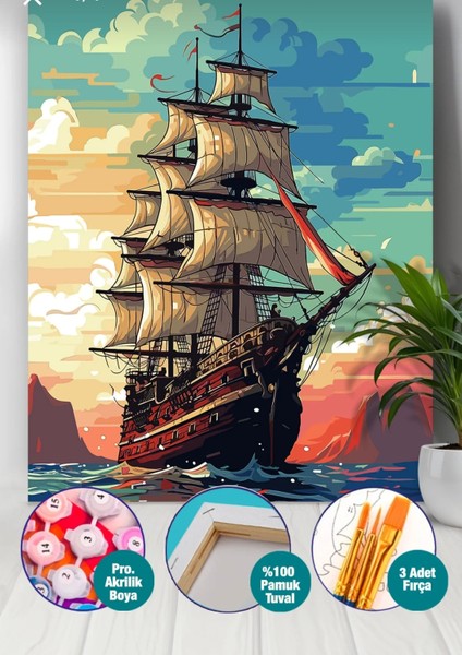 Sayılarla Boyama Seti 40X50 cm (Çıtalı) Fırça Boya Dahil Numaralı Tuval Korsan Gemi
