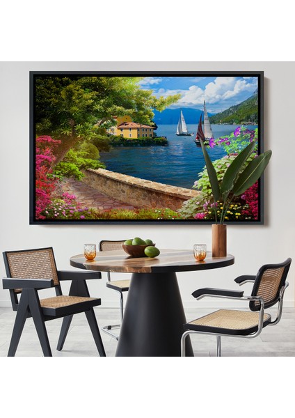 Çerçeveli Denize Açılan Çiçekli Yol Duvar TABLOSU-3606